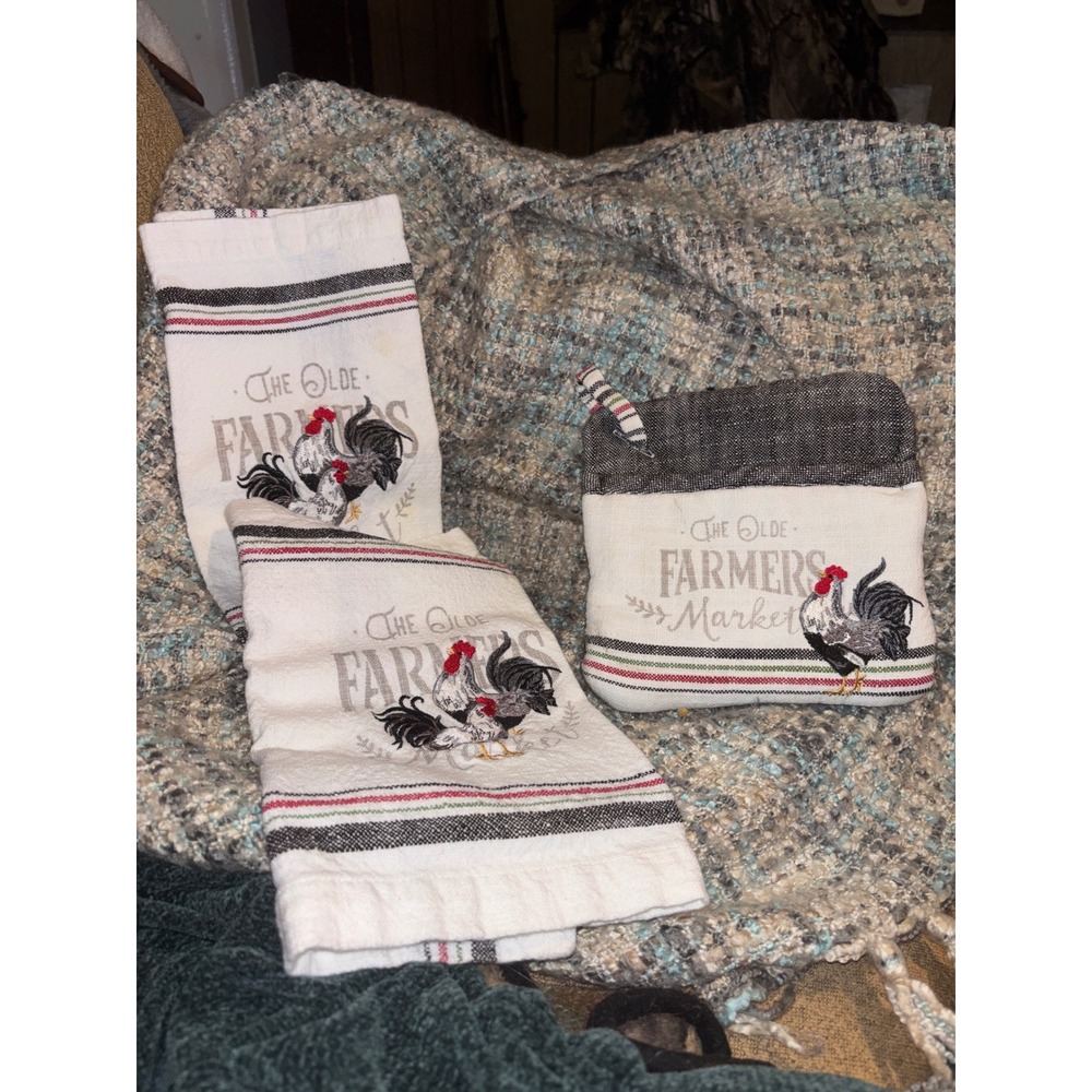 The Olde Farmers Market Rooster Kitchen Set 2 Towels & 1 Pot Holder Farmhouse